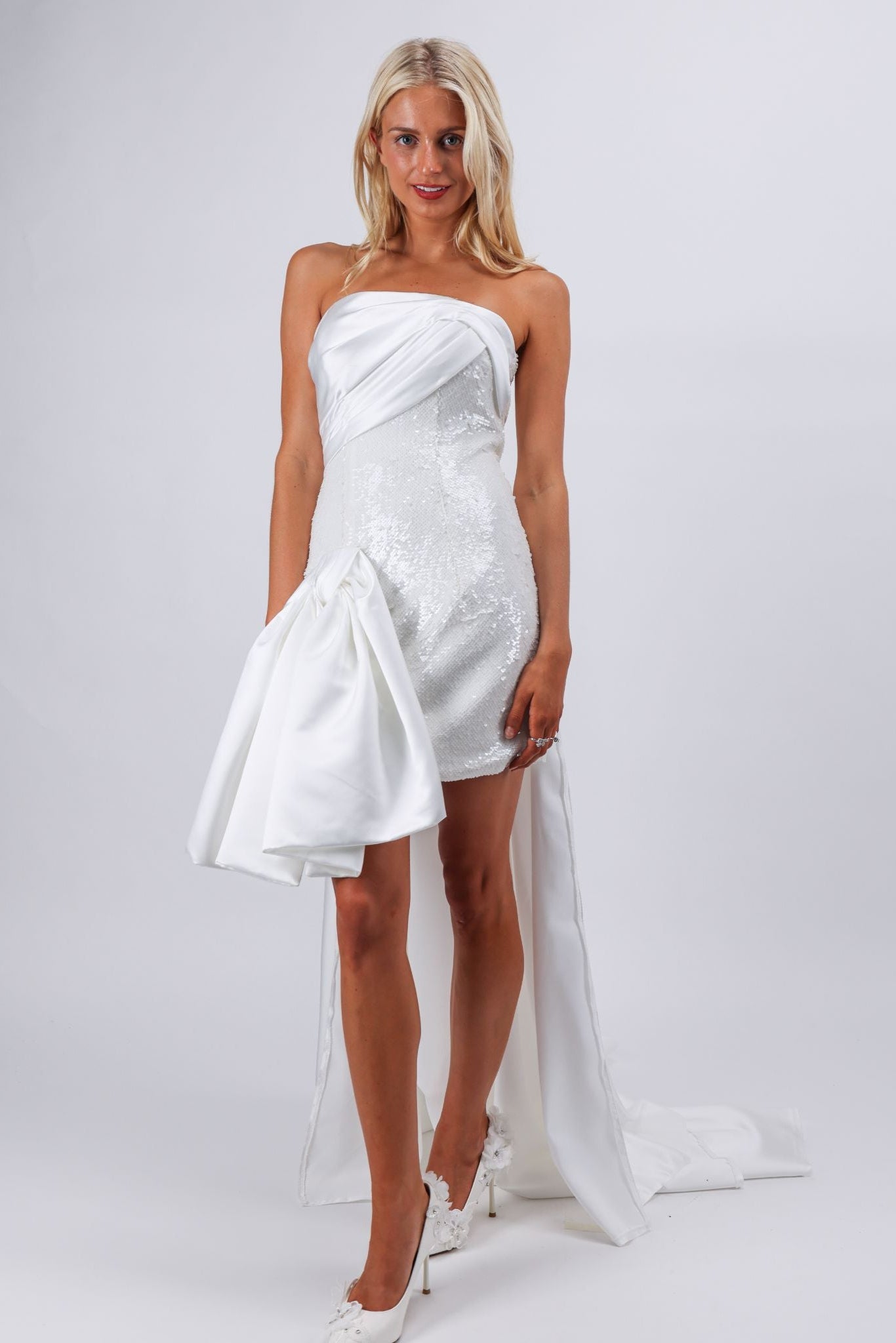 White Strapless Sequin Mini Dress with Satin Overskirt