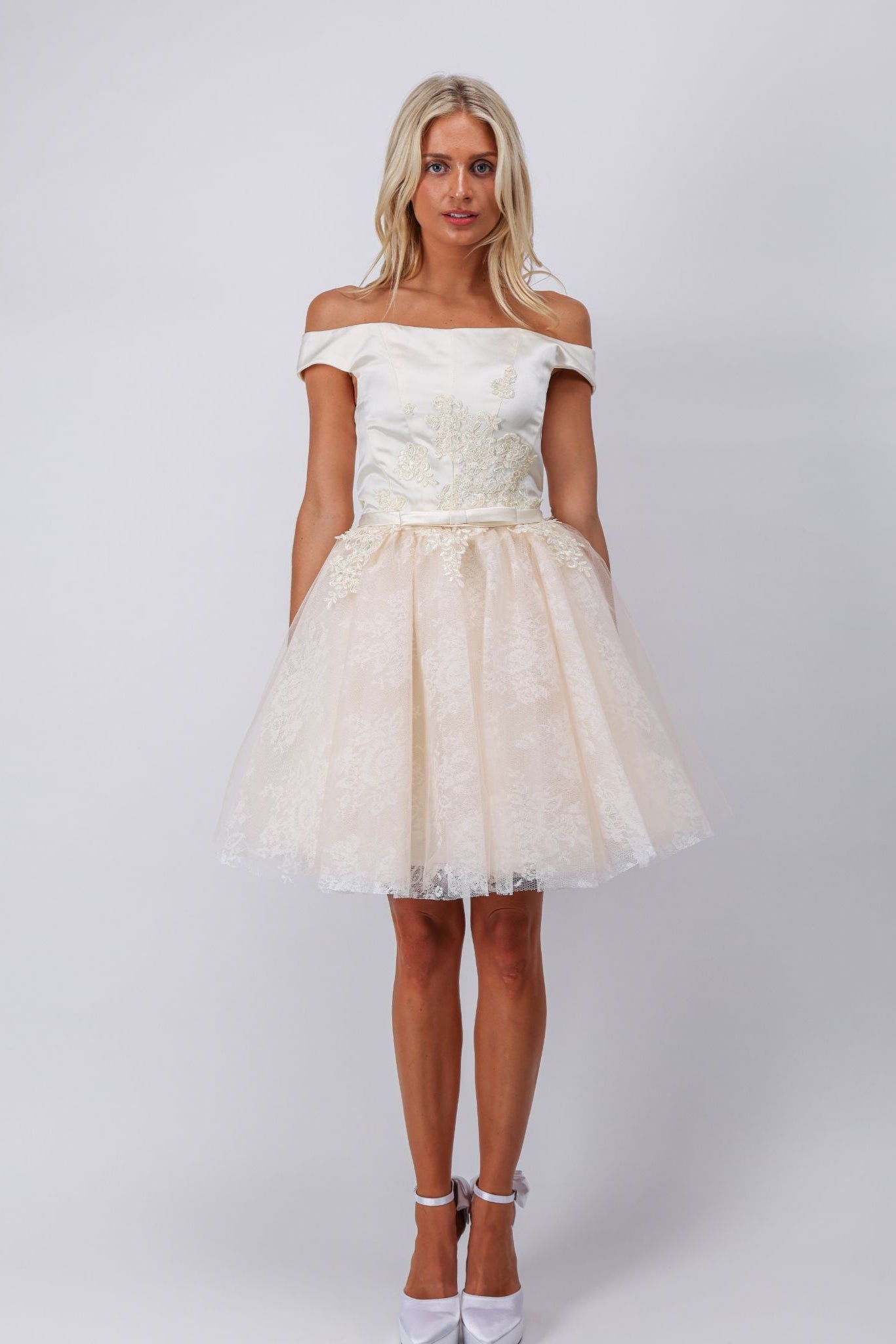 Ivory mini dress with vintage floral lace embroidery