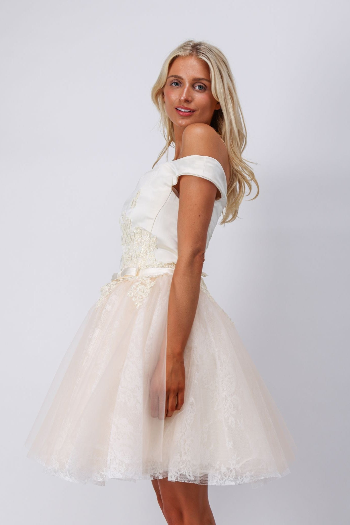 Ivory mini dress with vintage floral lace embroidery