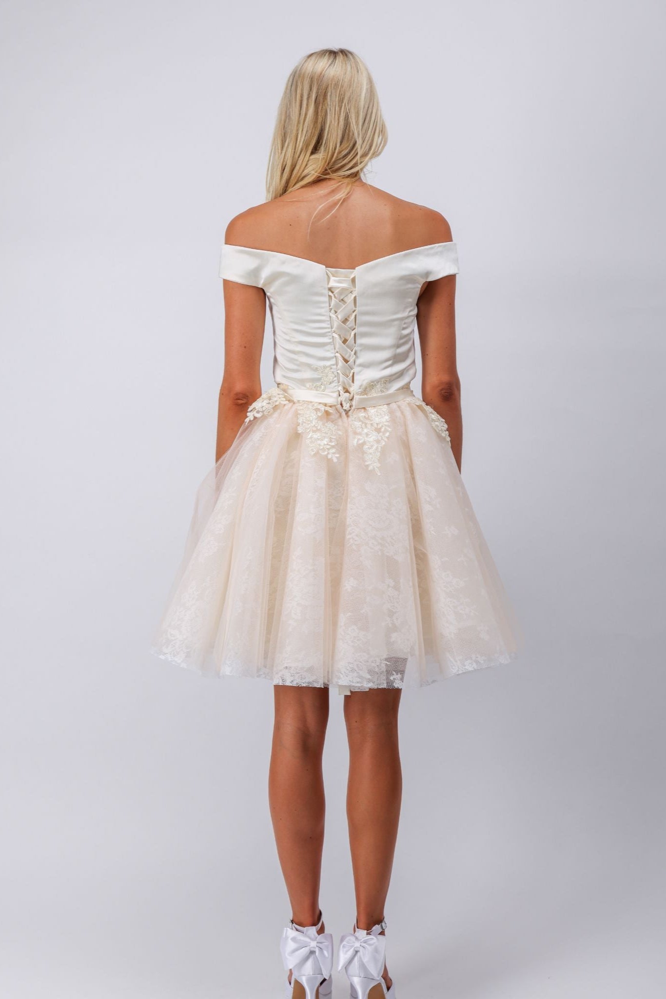 Ivory mini dress with vintage floral lace embroidery