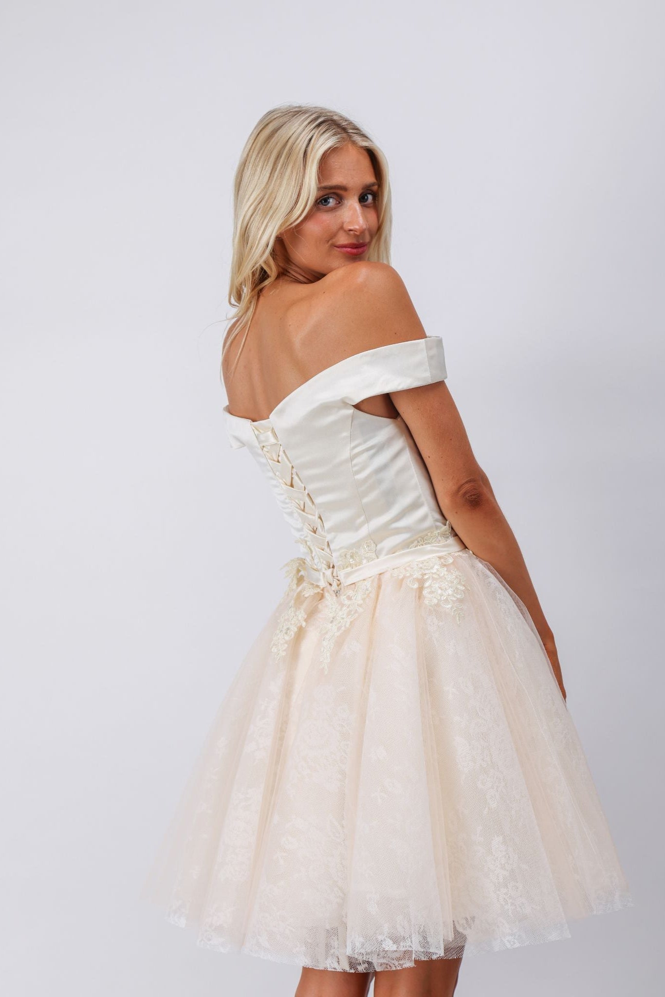 Ivory mini dress with vintage floral lace embroidery