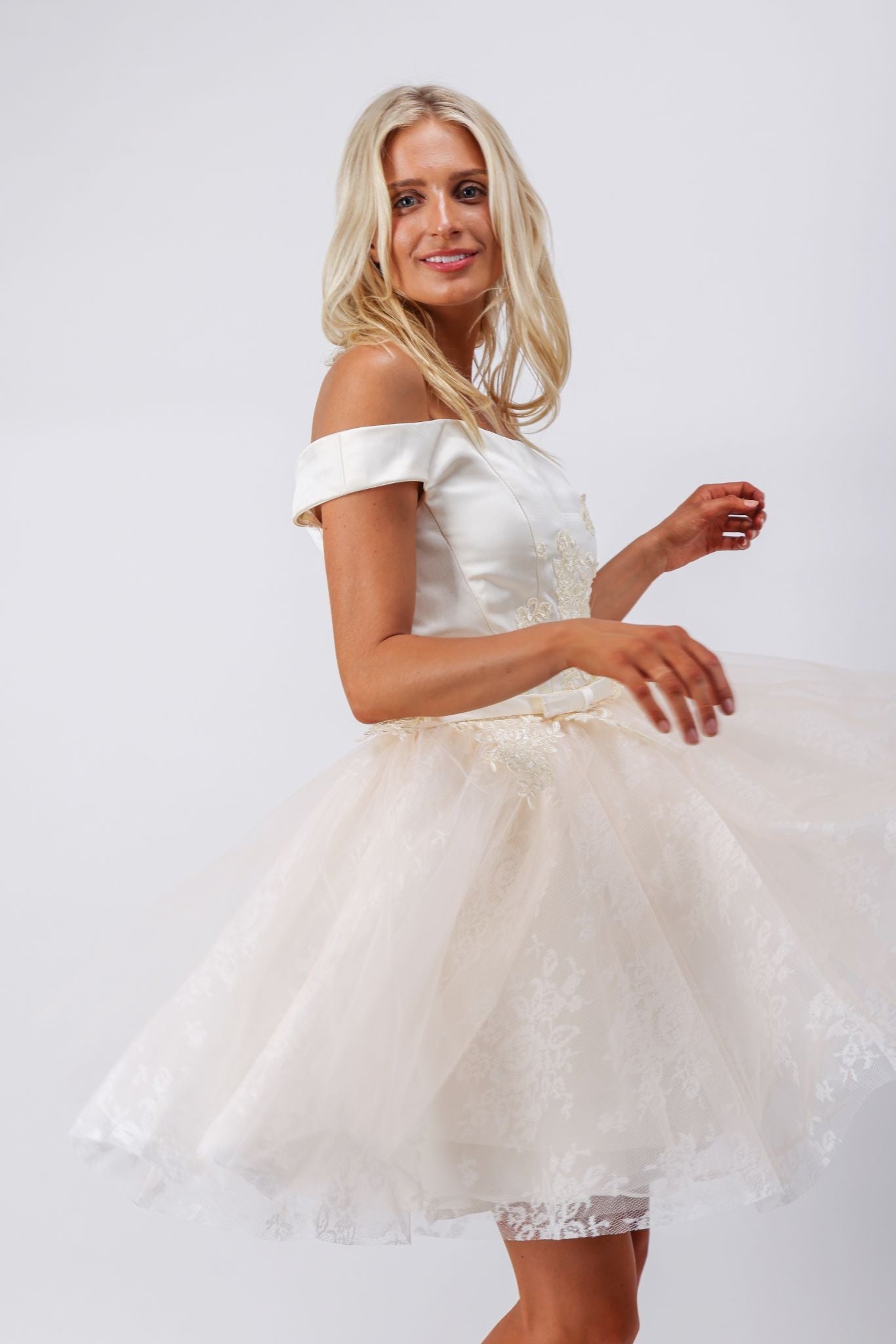 Ivory mini dress with vintage floral lace embroidery