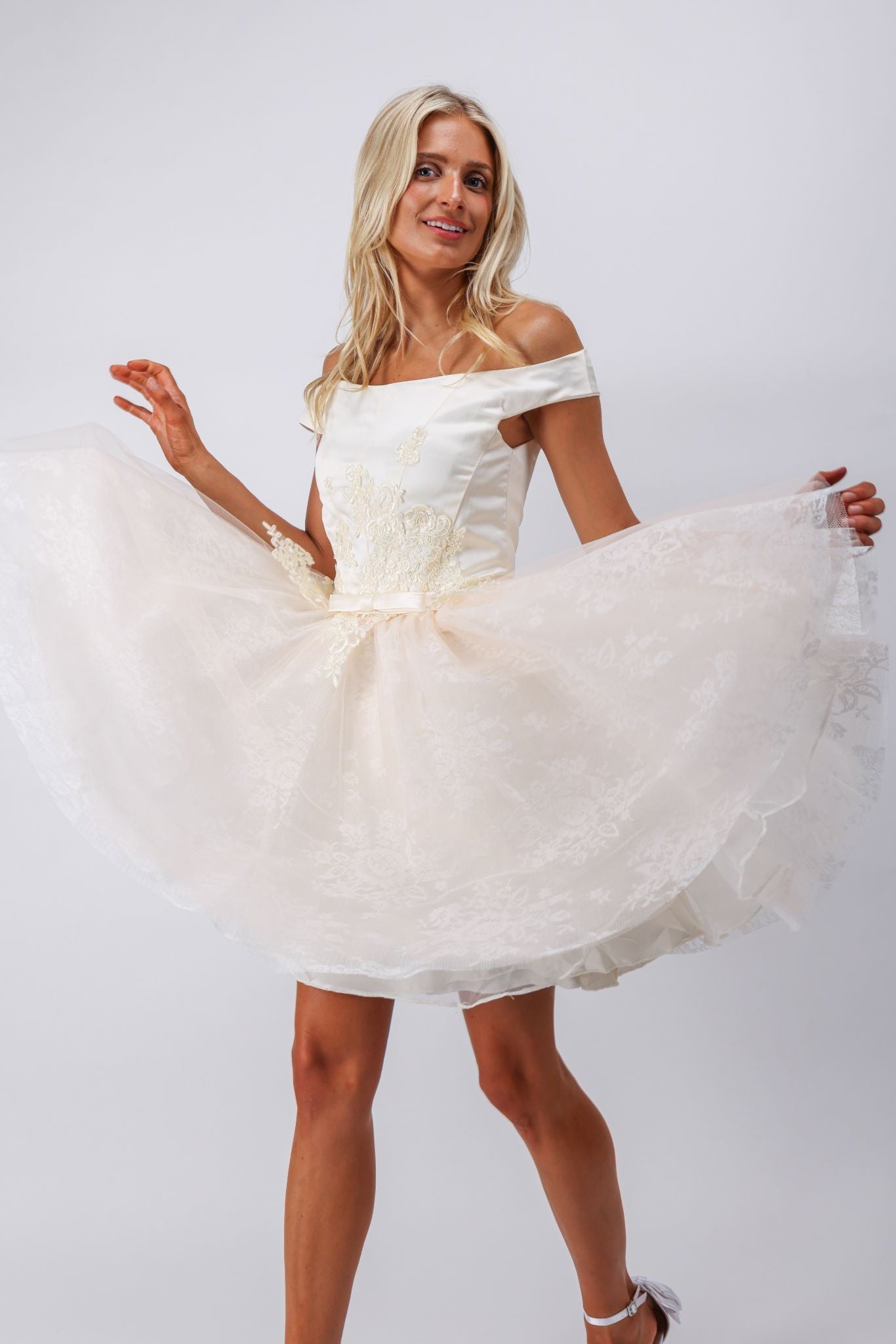 Ivory mini dress with vintage floral lace embroidery