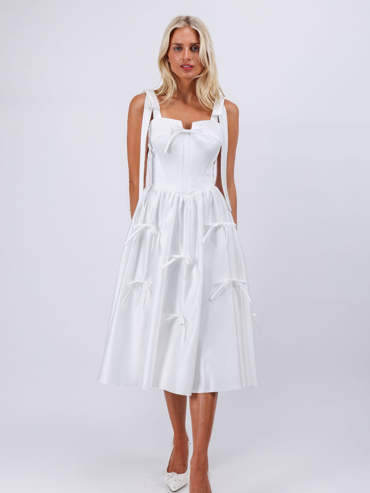 Audrey all over bows white midi cocktail evening dress