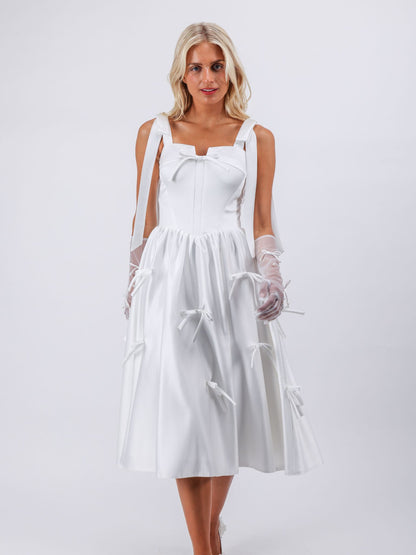 Audrey all over bows white midi cocktail evening dress