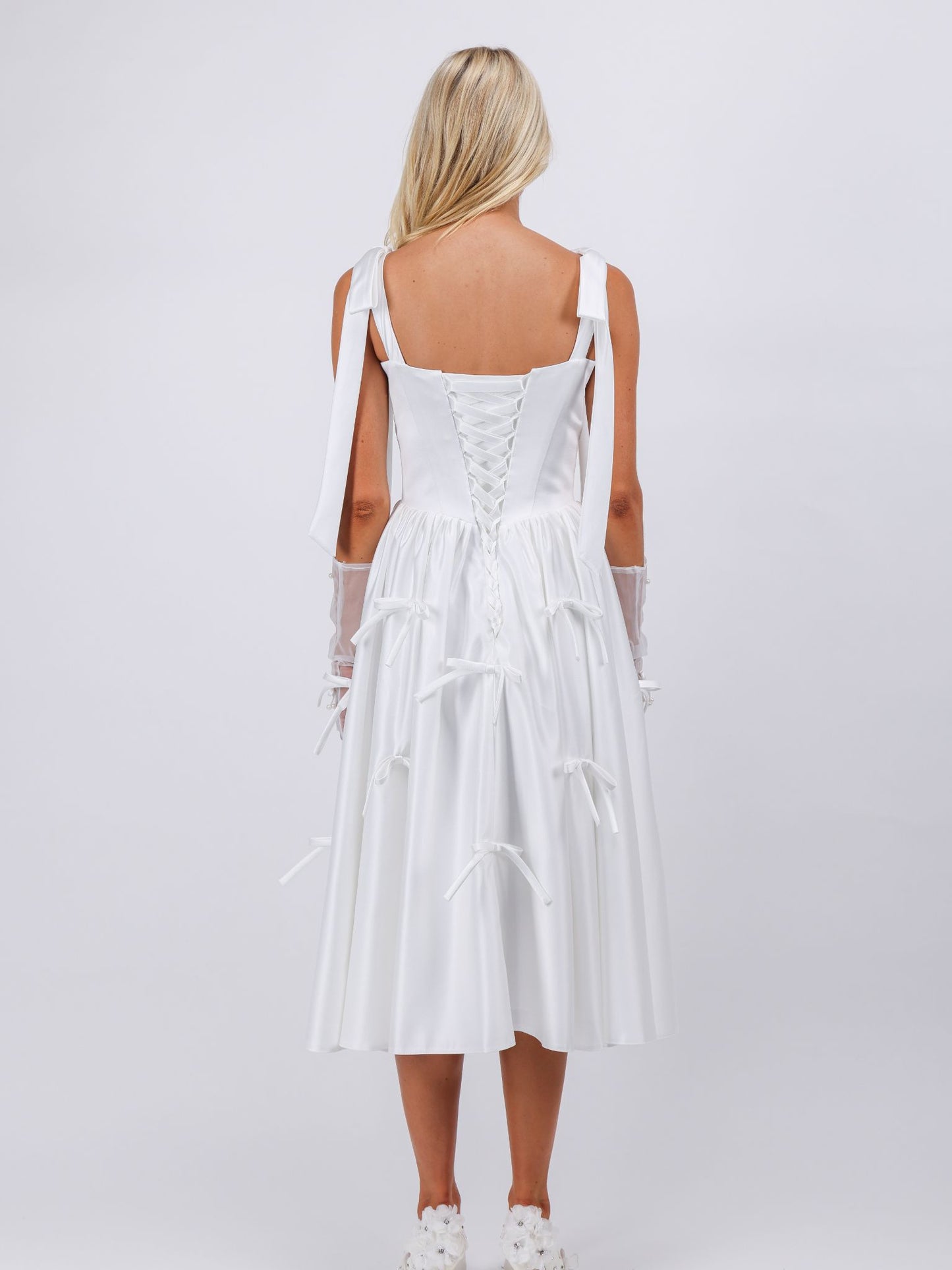 Audrey all over bows white midi cocktail evening dress