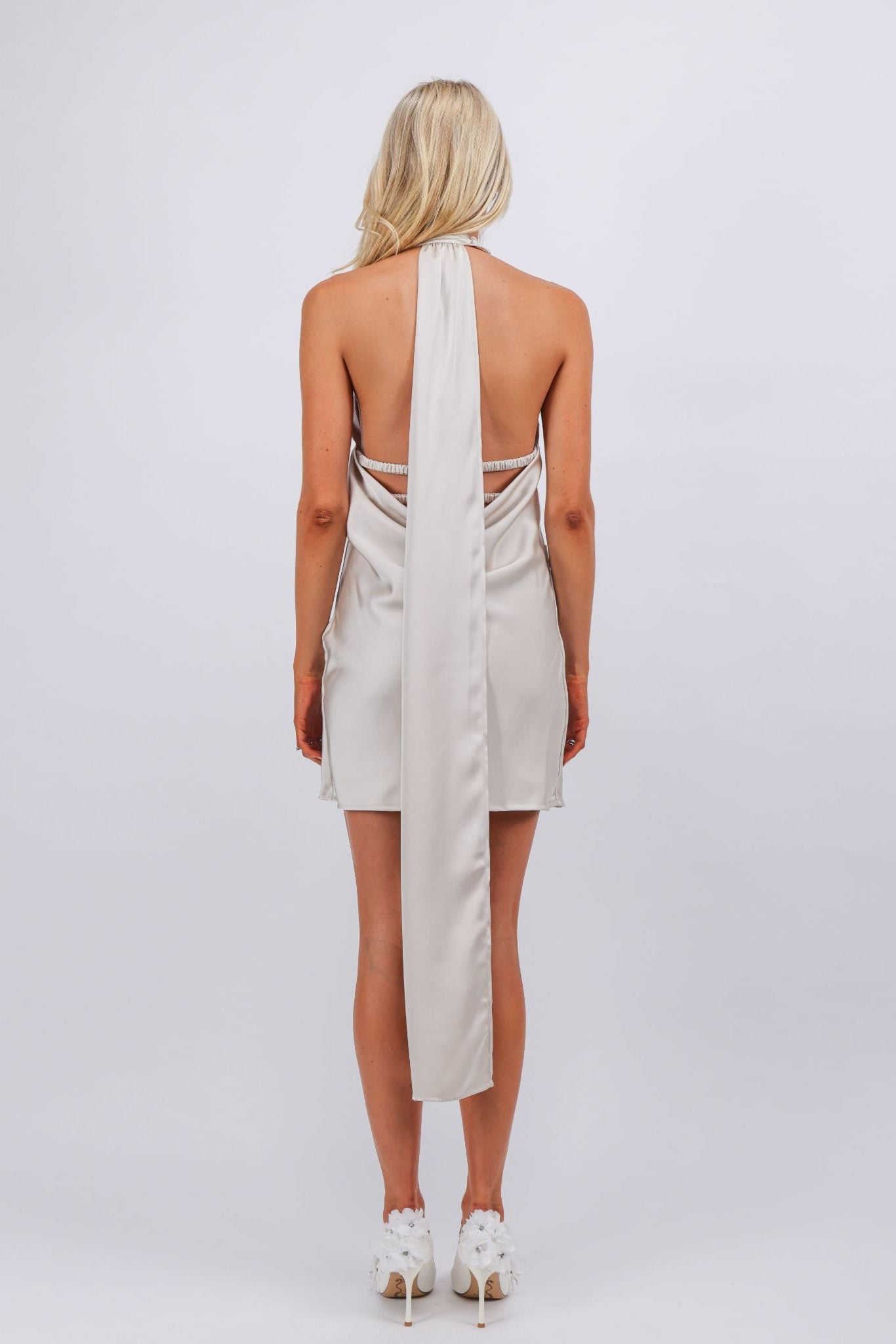 Champagne fitted and flare silk mini dress