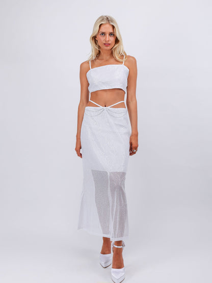 Ella white two pieces sequins maxi vacation beach dress