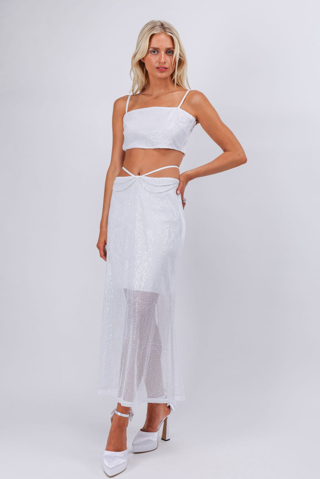 White two pieces sequins maxi vacation beach dress