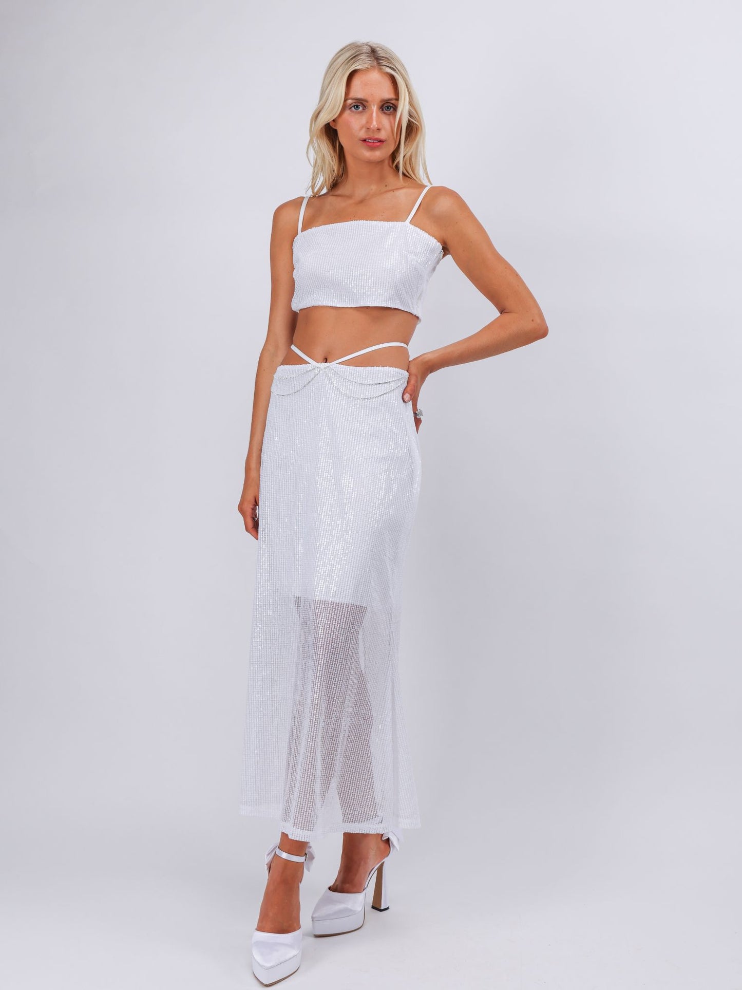 Ella white two pieces sequins maxi vacation beach dress