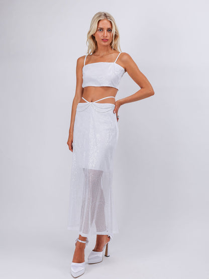 Ella white two pieces sequins maxi vacation beach dress