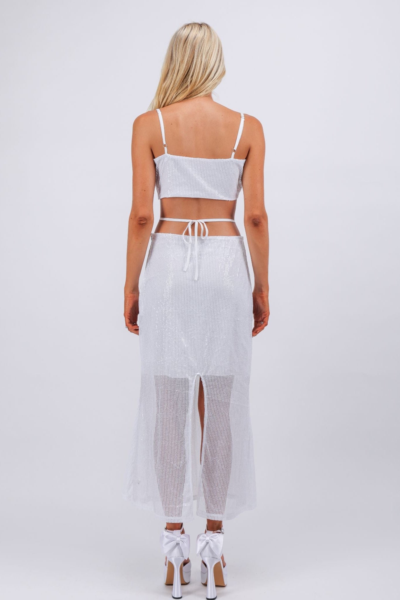 White two pieces sequins maxi vacation beach dress