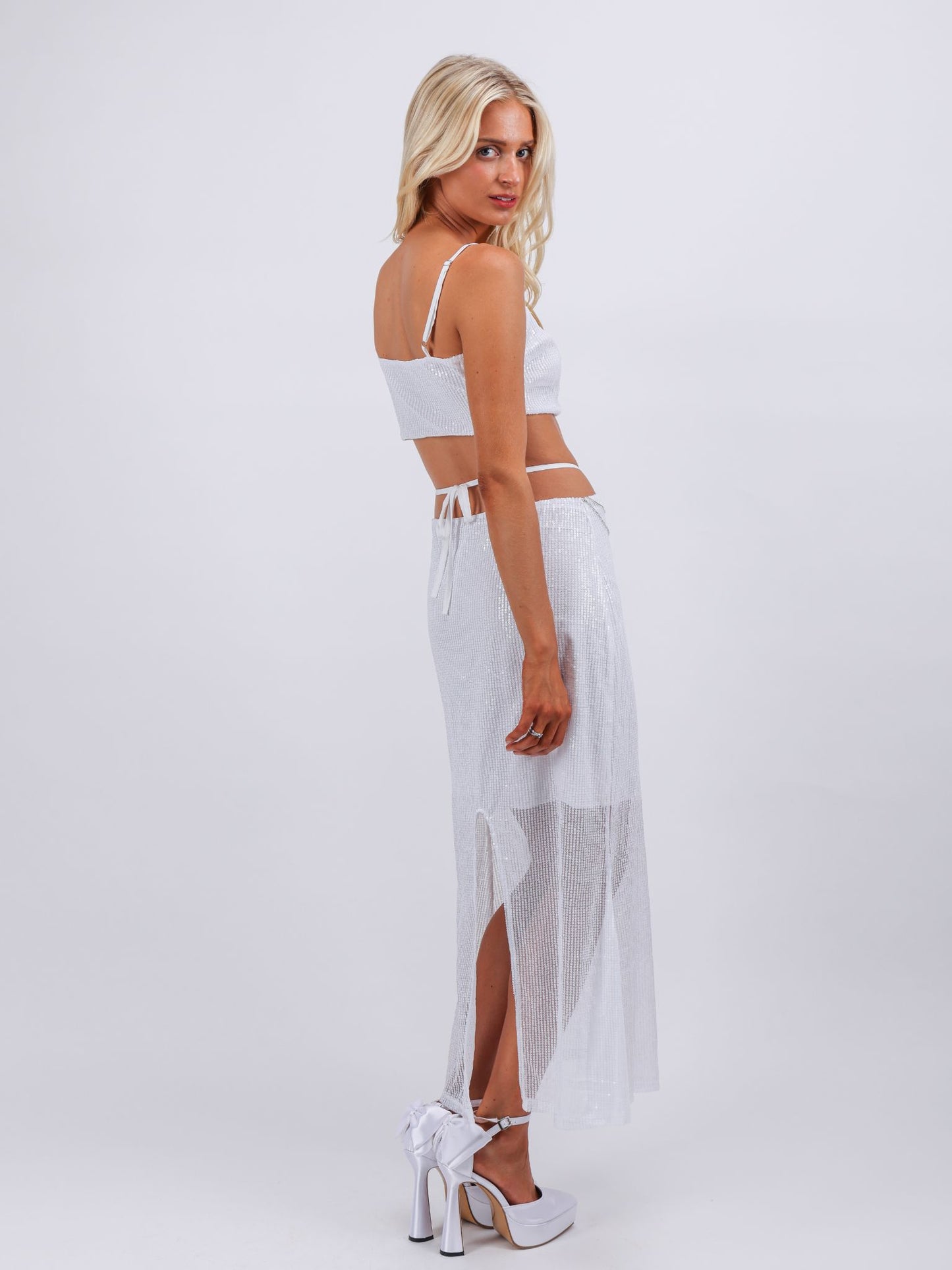 Ella white two pieces sequins maxi vacation beach dress