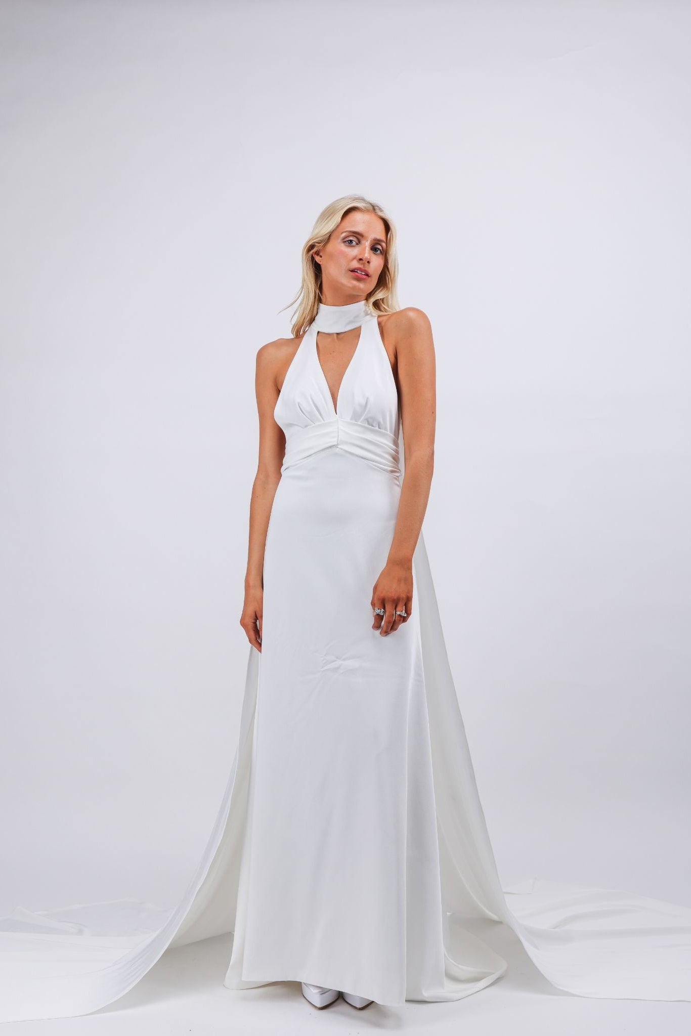 Halter Gown with Draped Scarf Train