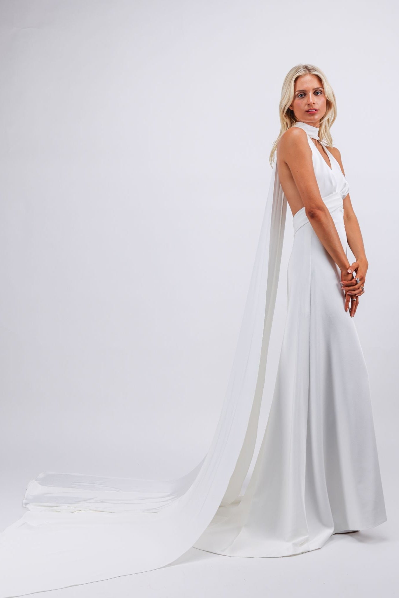 Halter Gown with Draped Scarf Train White / XS / US 0-2