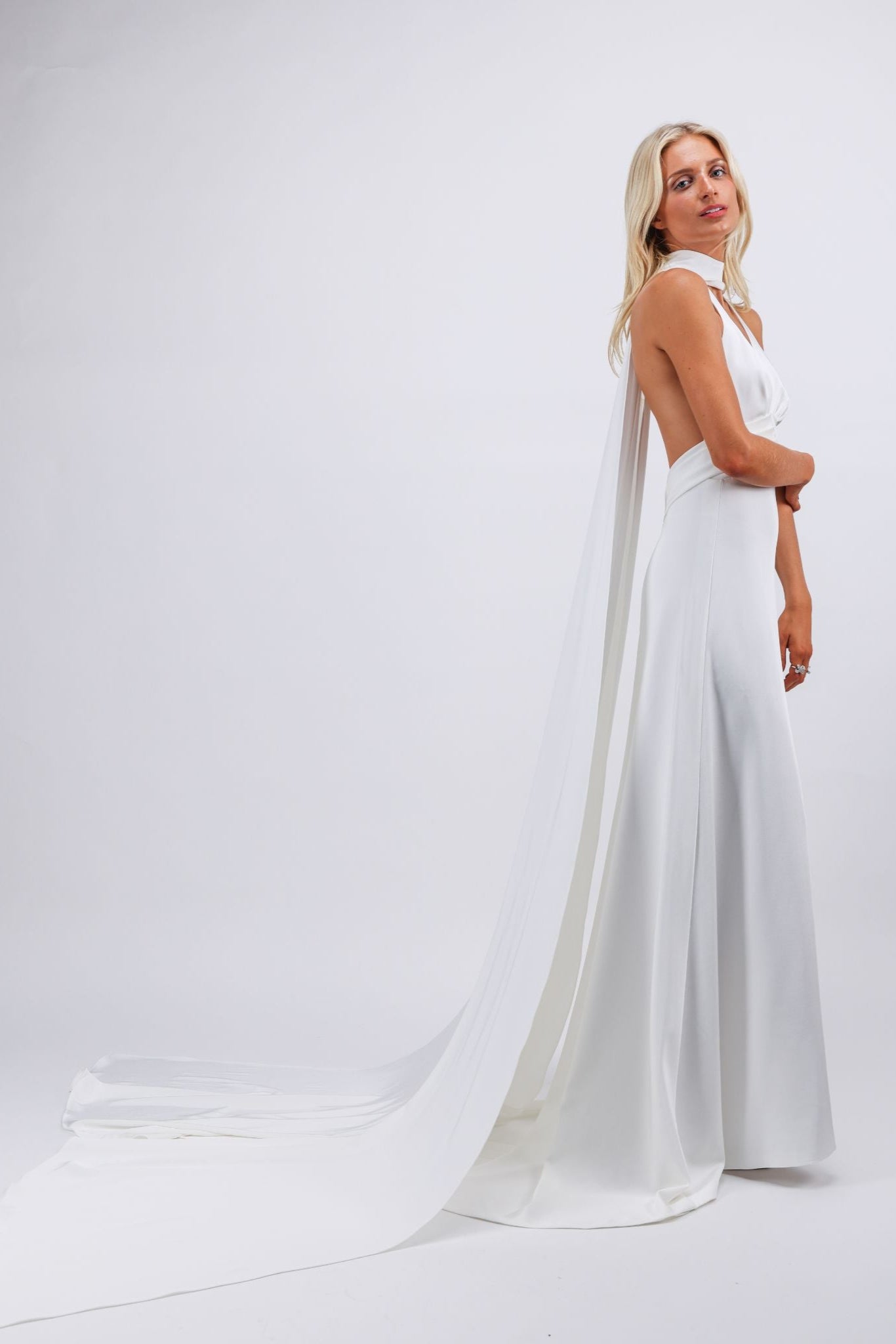 Halter Gown with Draped Scarf Train