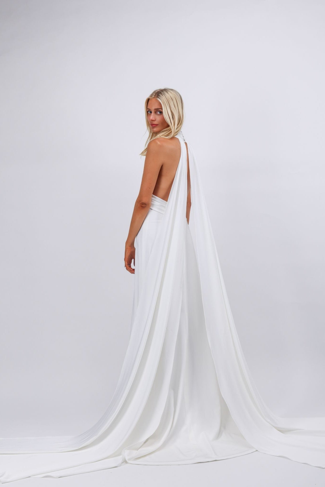 Halter Gown with Draped Scarf Train