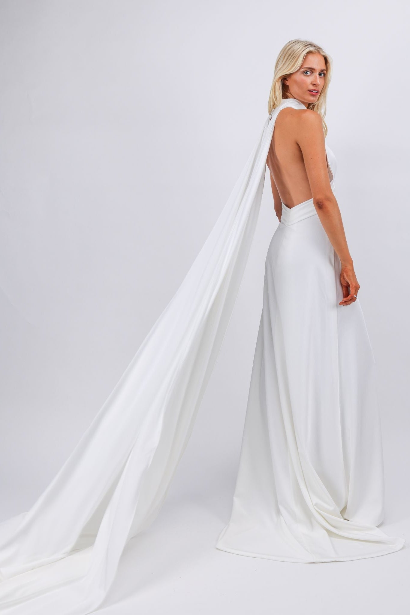 Halter Gown with Draped Scarf Train