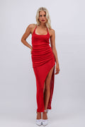 Red dapped fit high slit maxi cocktail dress