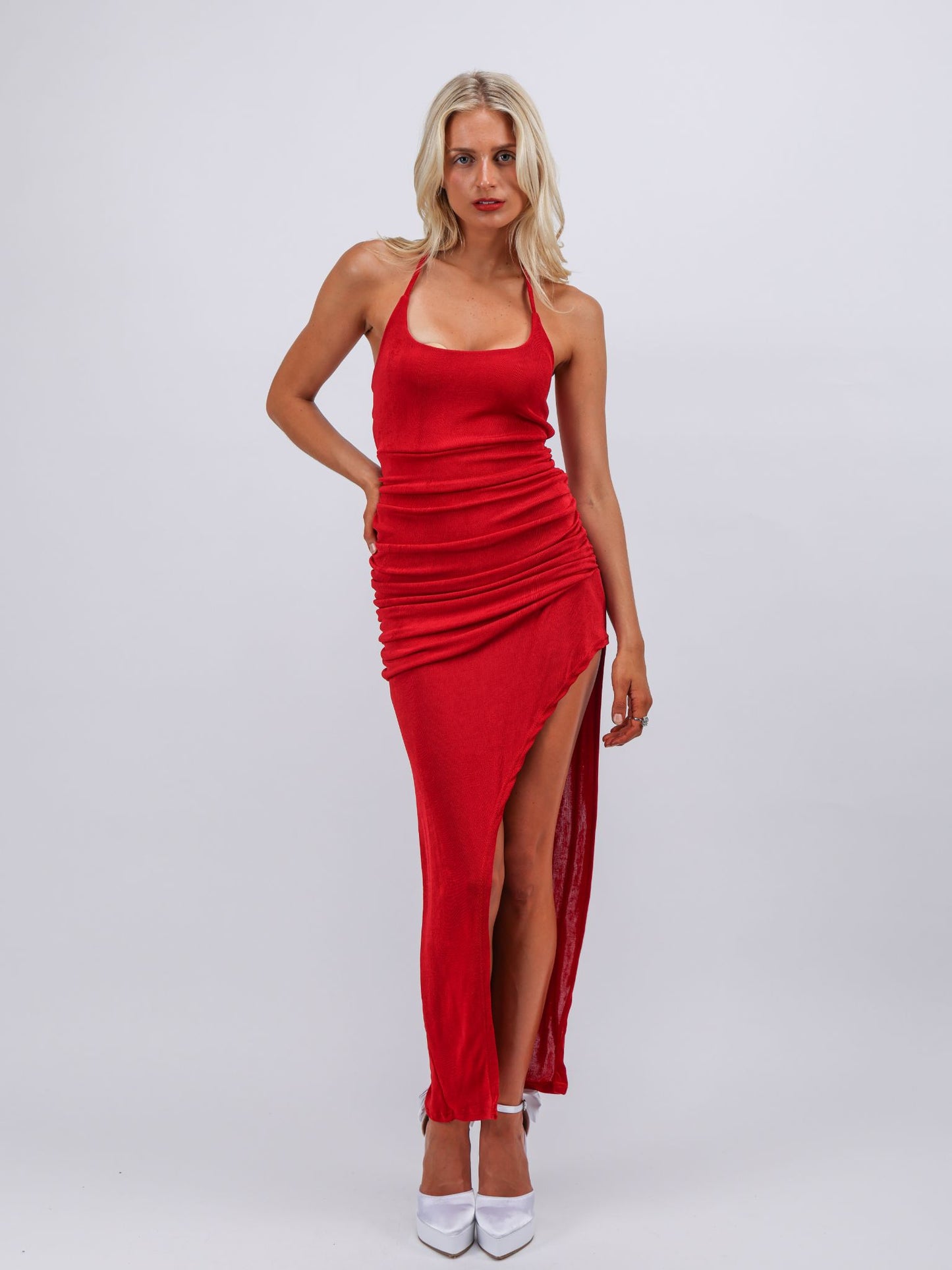 Katherine red dapped fit high slit maxi cocktail dress