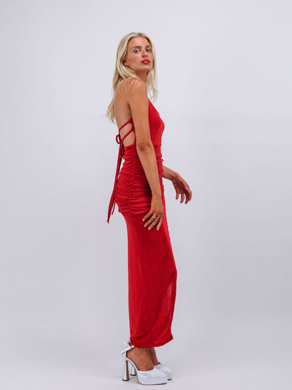 Katherine red dapped fit high slit maxi cocktail dress