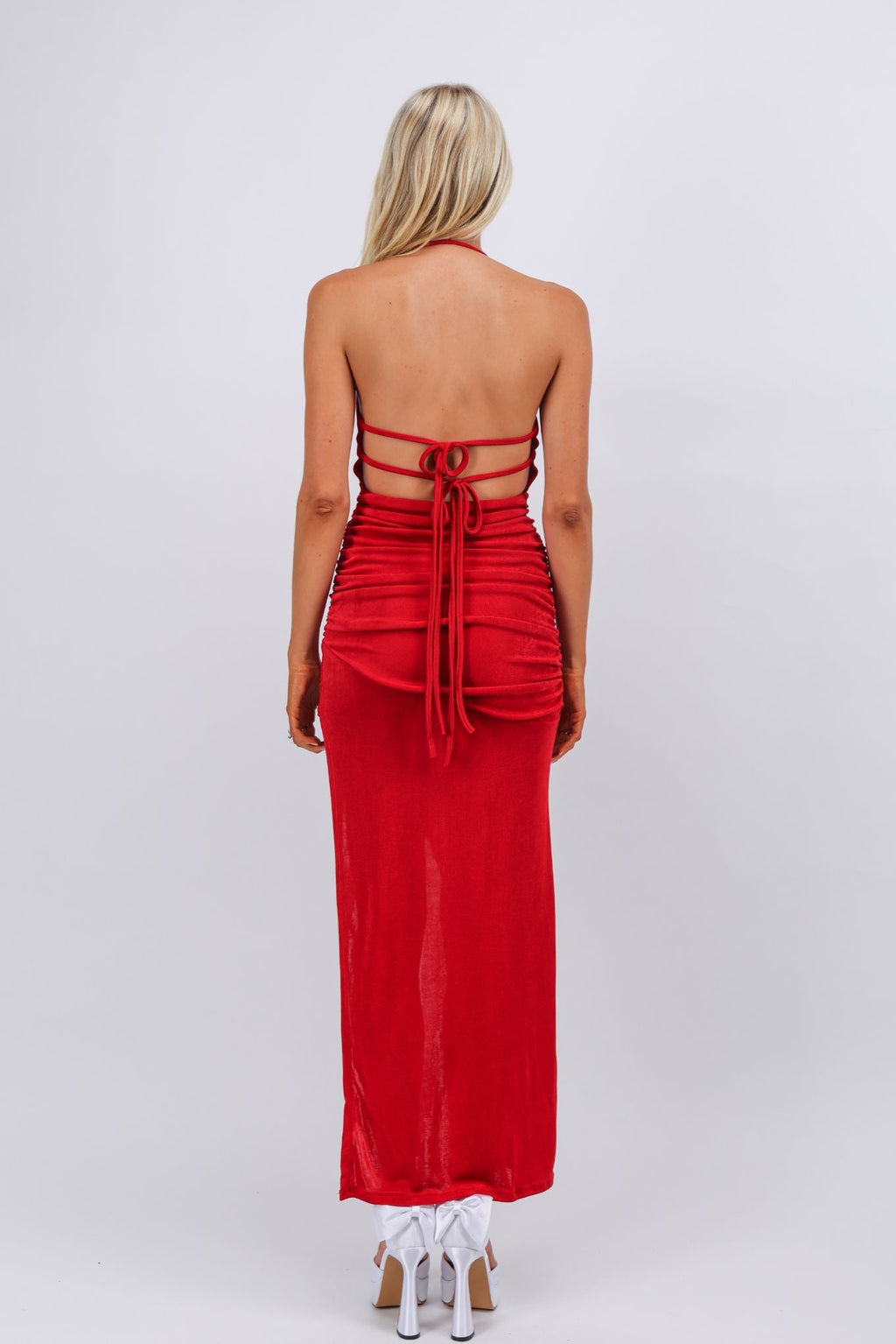 Red dapped fit high slit maxi cocktail dress
