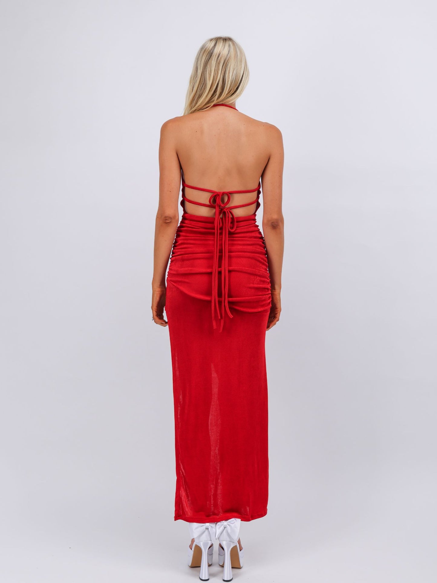 Katherine red dapped fit high slit maxi cocktail dress