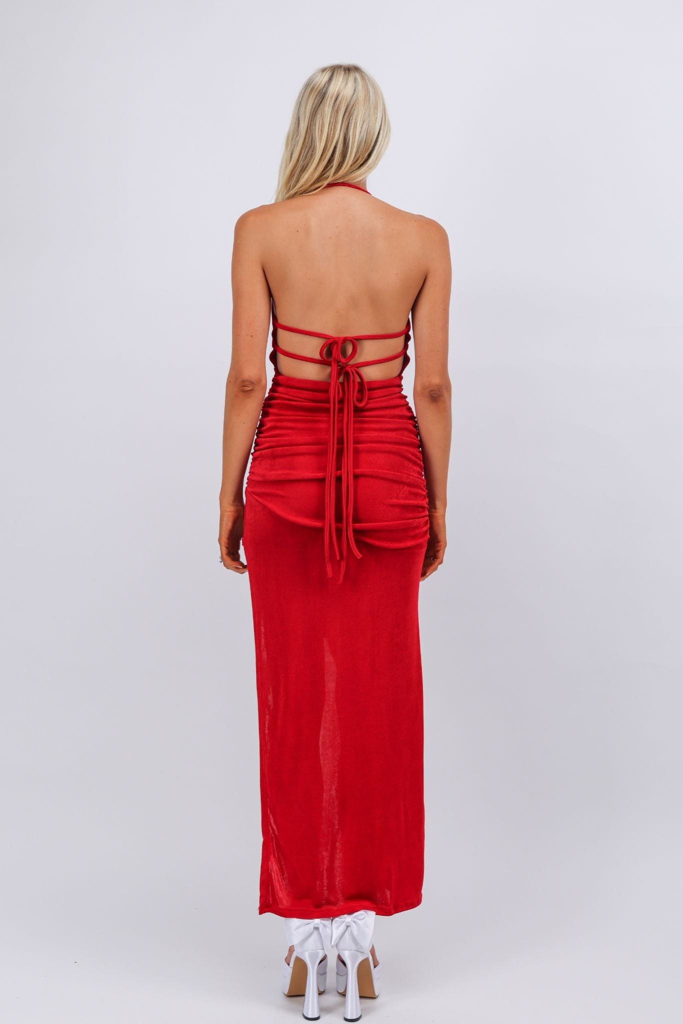Red dapped fit high slit maxi cocktail dress