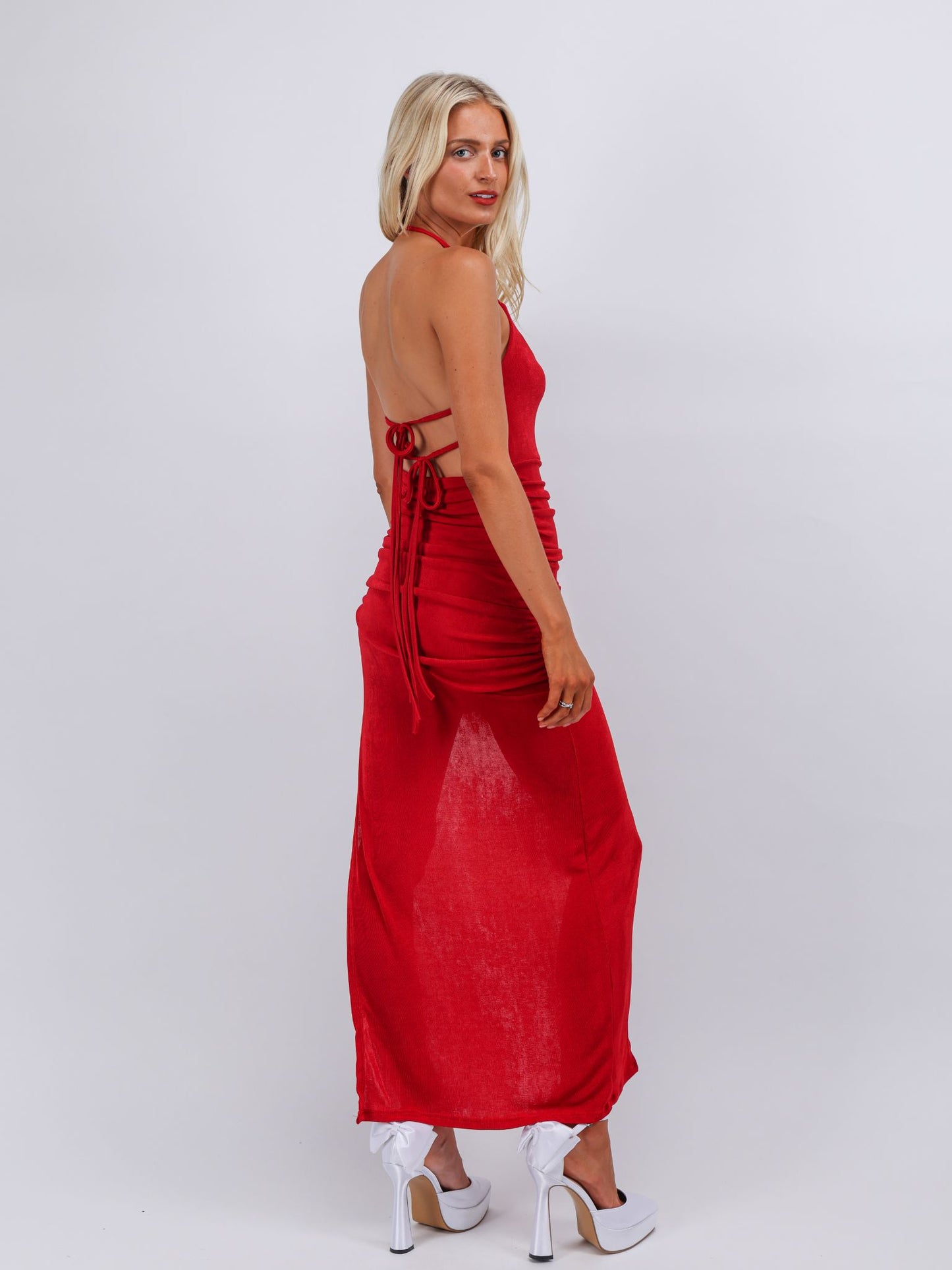 Katherine red dapped fit high slit maxi cocktail dress