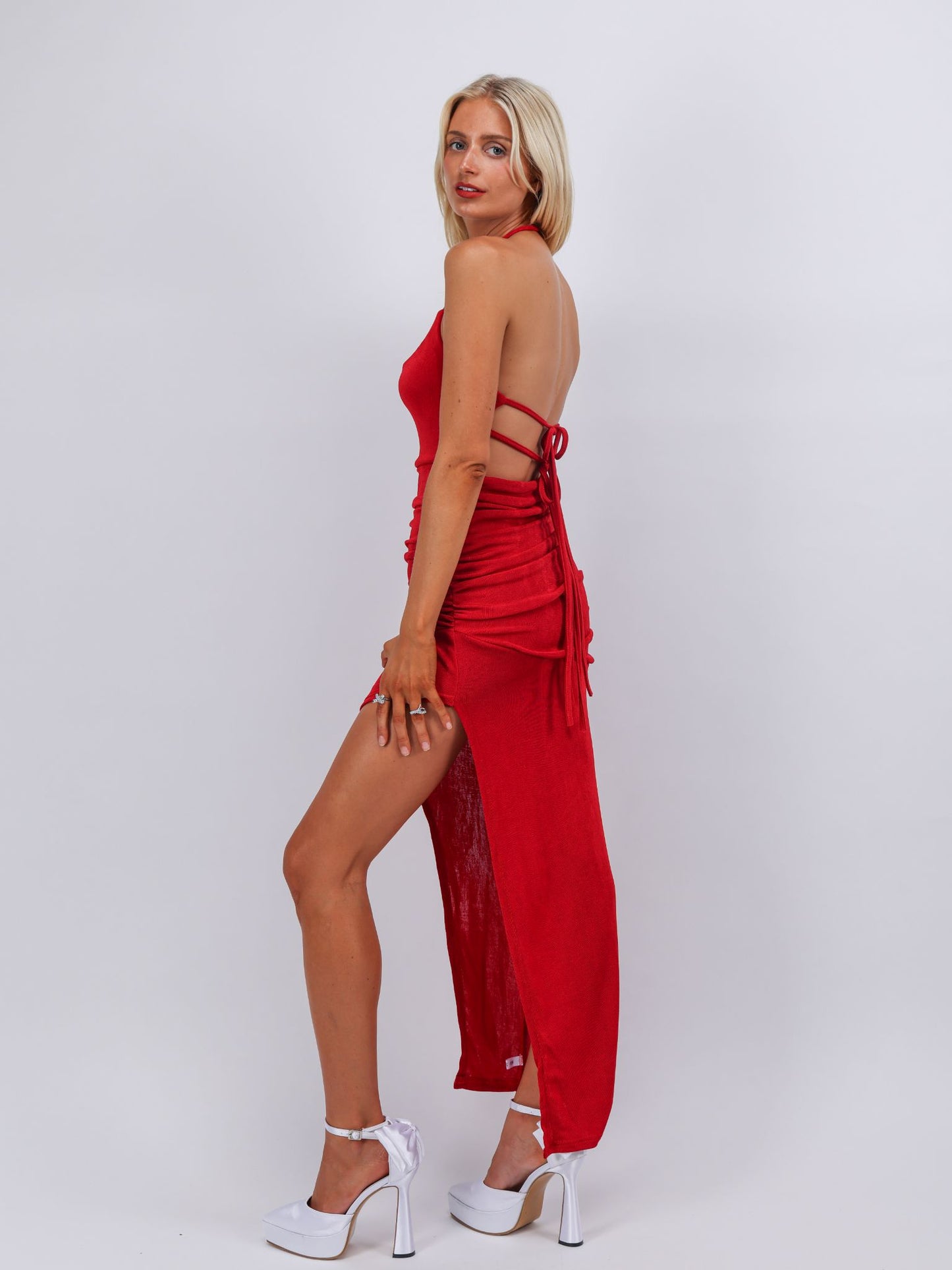 Katherine red dapped fit high slit maxi cocktail dress