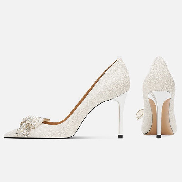 Pearl Crystal Bow Ivory Lace Stiletto Pumps