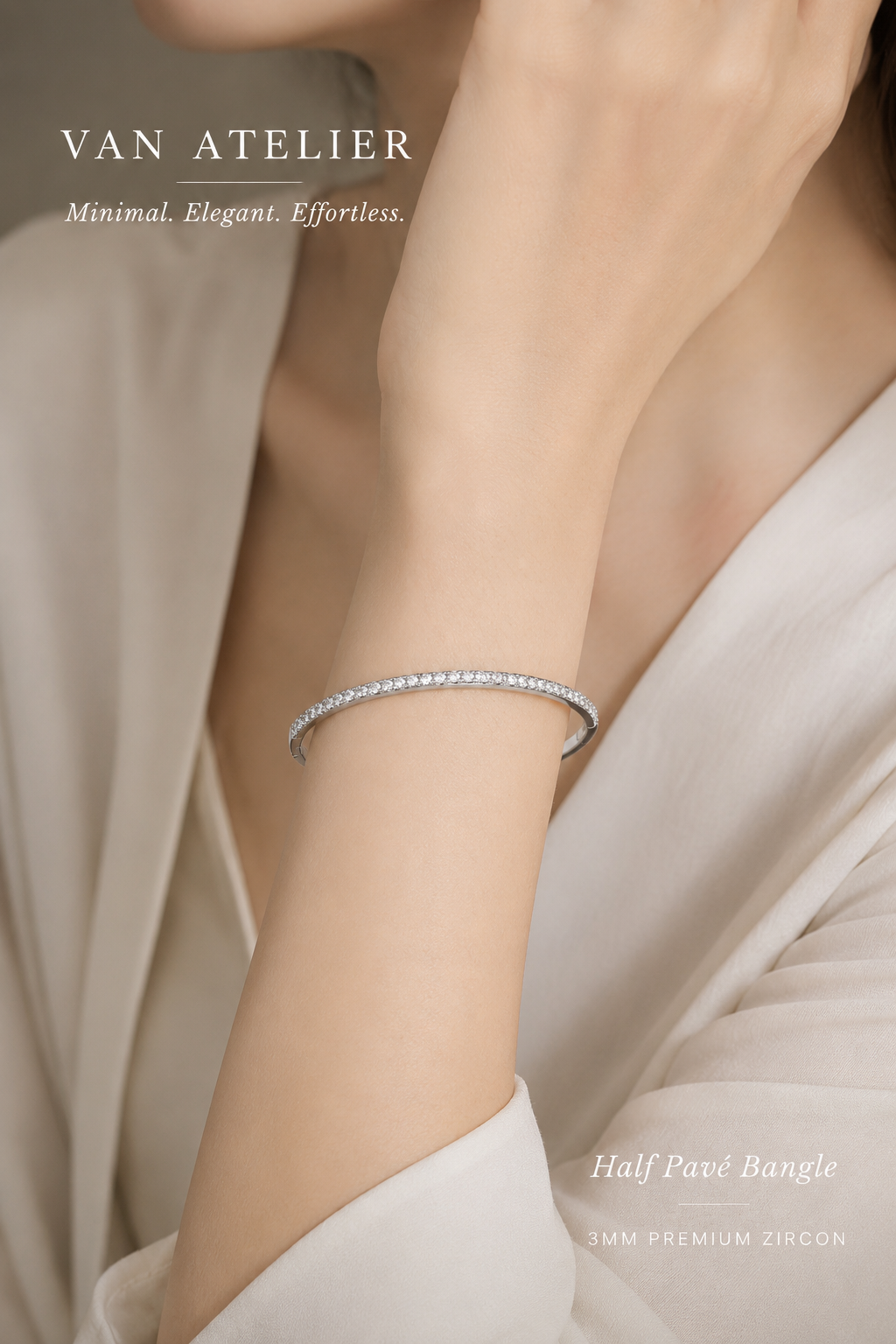 Half Pavé Diamond-Look Bangle – 3MM Premium Zircon Luxury Bracelet