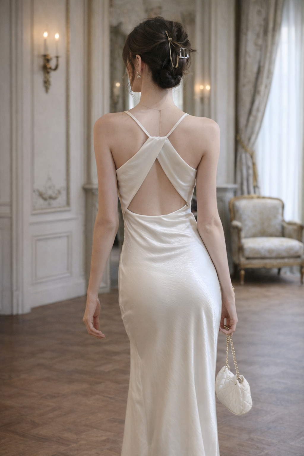 Silk Satin Cowl Neck Midi Dress with Open Crisscross Back Elegant Evening Dress