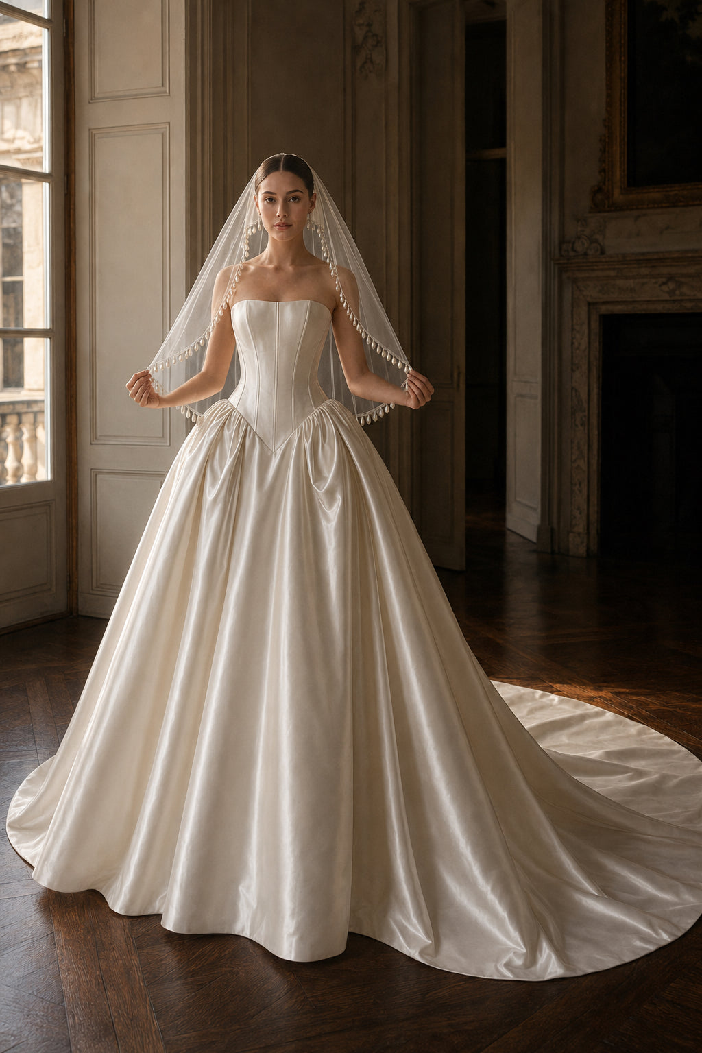 Short Teardrop Pearl Bridal Veil – 120cm