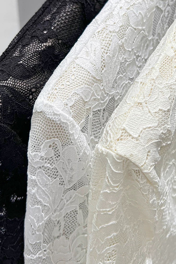 Close-up of black, white, and gray lace fabric.