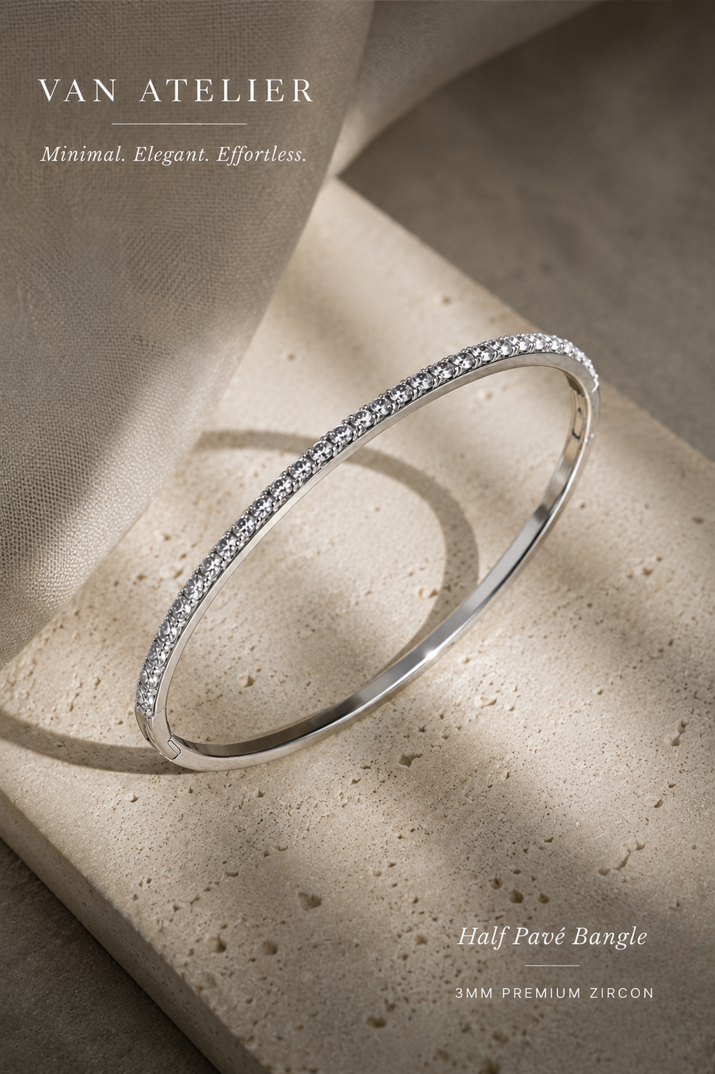 Half Pavé Diamond-Look Bangle – 3MM Premium Zircon Luxury Bracelet