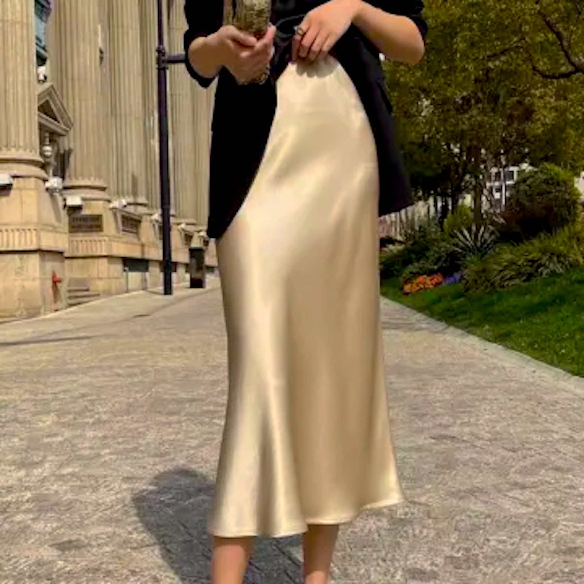 Elegant Silk Satin Midi Skirt