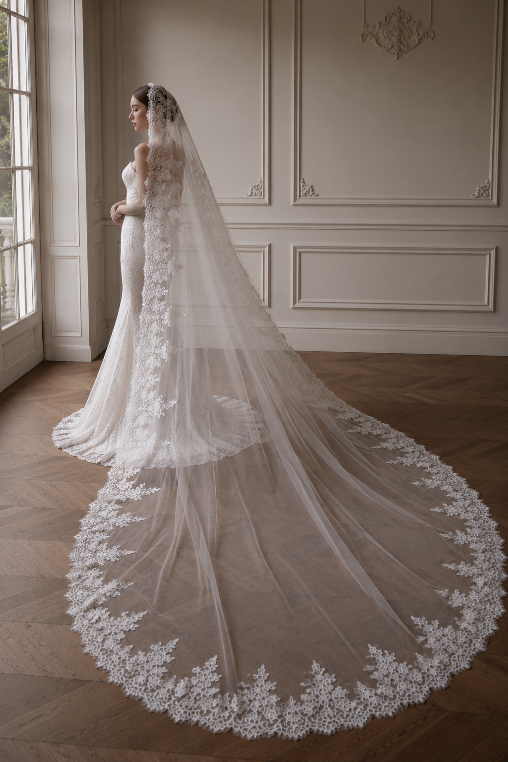 Cathedral Lace Wedding Veil 1.5×3m | Long Bridal Veil with Floral Lace