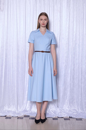 Tailored Shirt Collar Midi Dress in Powder Blue