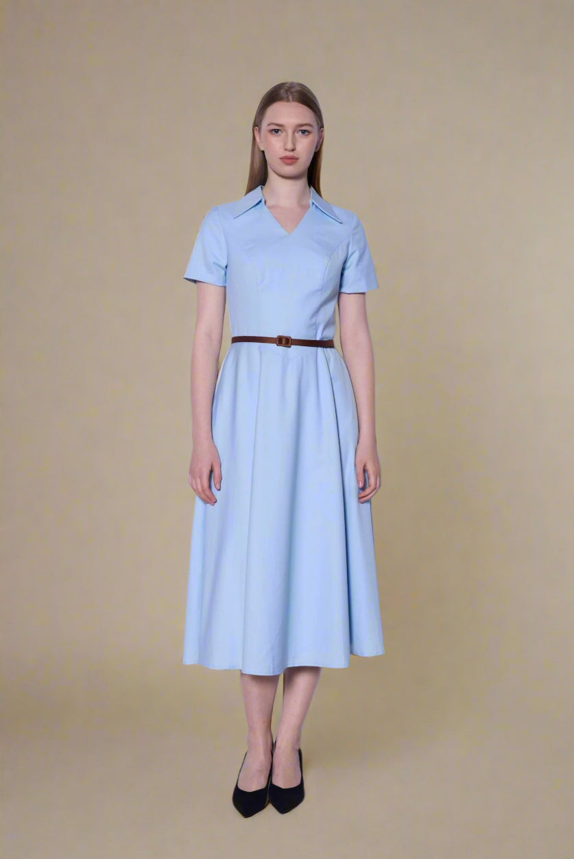 Tailored Shirt Collar Midi Dress in Powder Blue