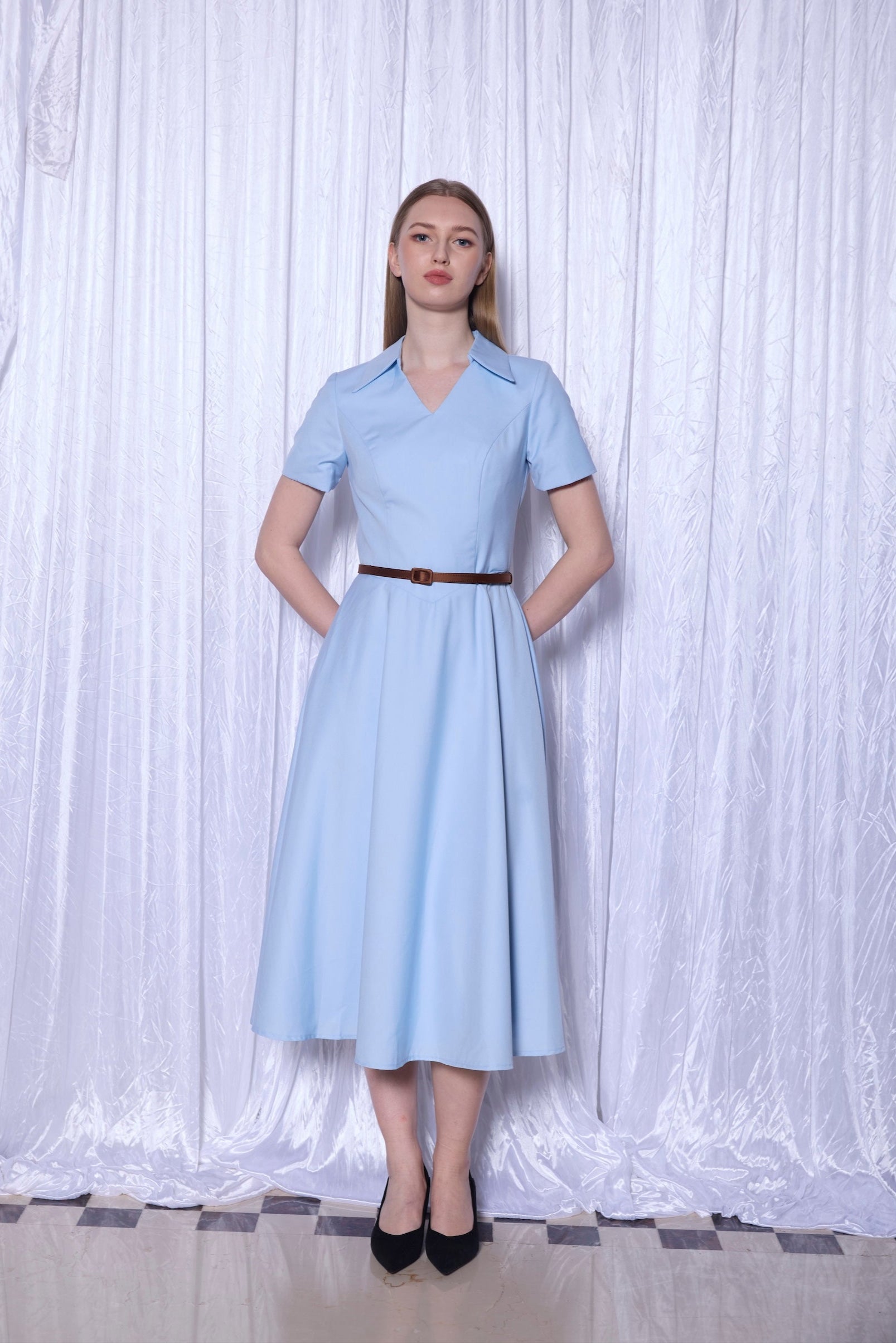 Tailored Shirt Collar Midi Dress in Powder Blue