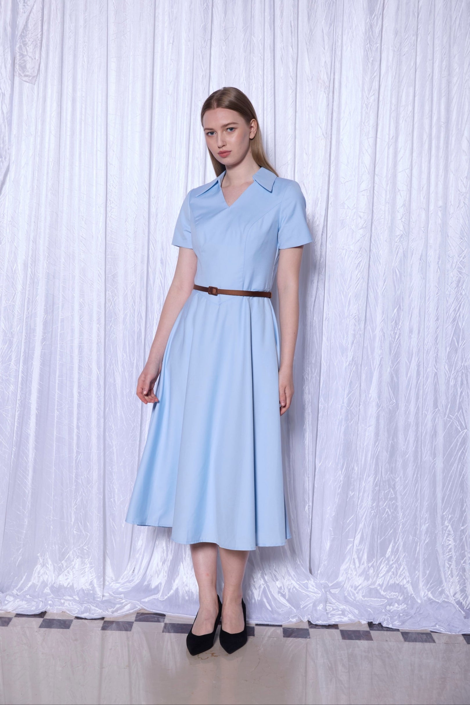 Tailored Shirt Collar Midi Dress in Powder Blue