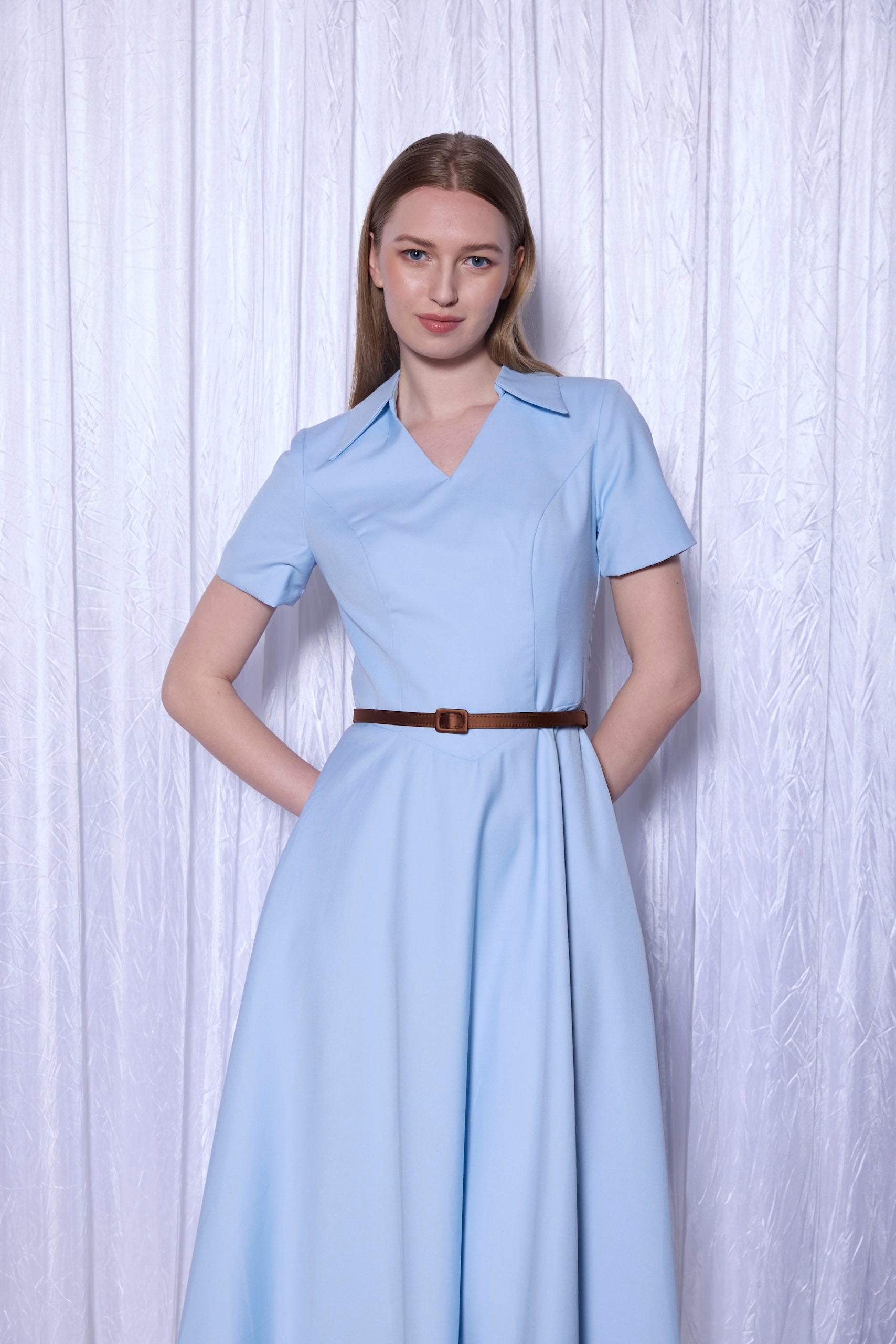Tailored Shirt Collar Midi Dress in Powder Blue