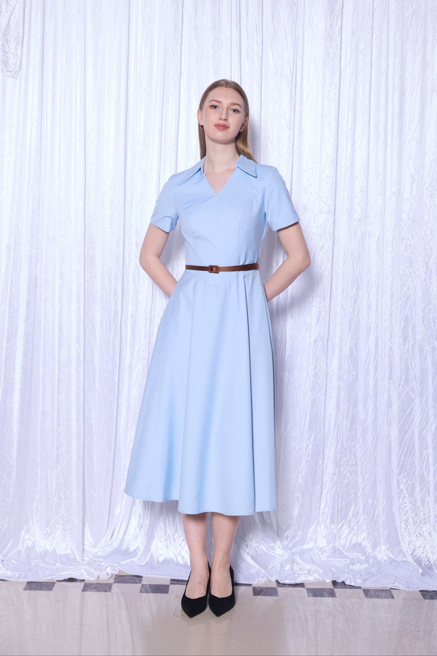 Tailored Shirt Collar Midi Dress in Powder Blue