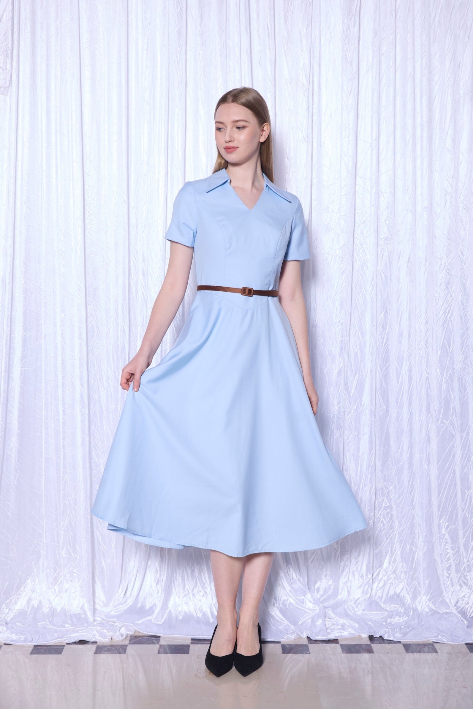 Tailored Shirt Collar Midi Dress in Powder Blue