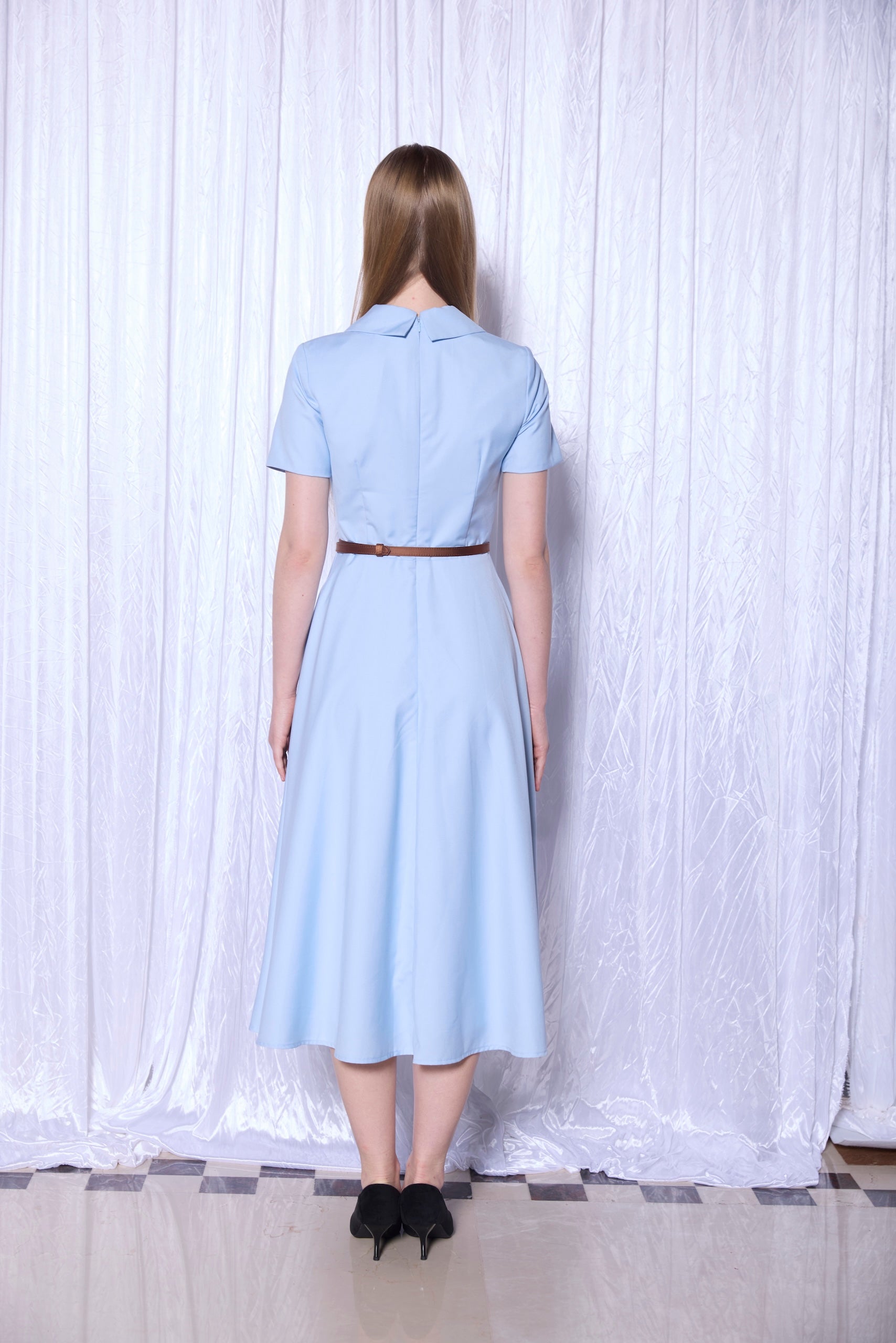 Tailored Shirt Collar Midi Dress in Powder Blue