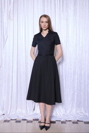 Tailored Shirt Collar Midi Dress in Noir