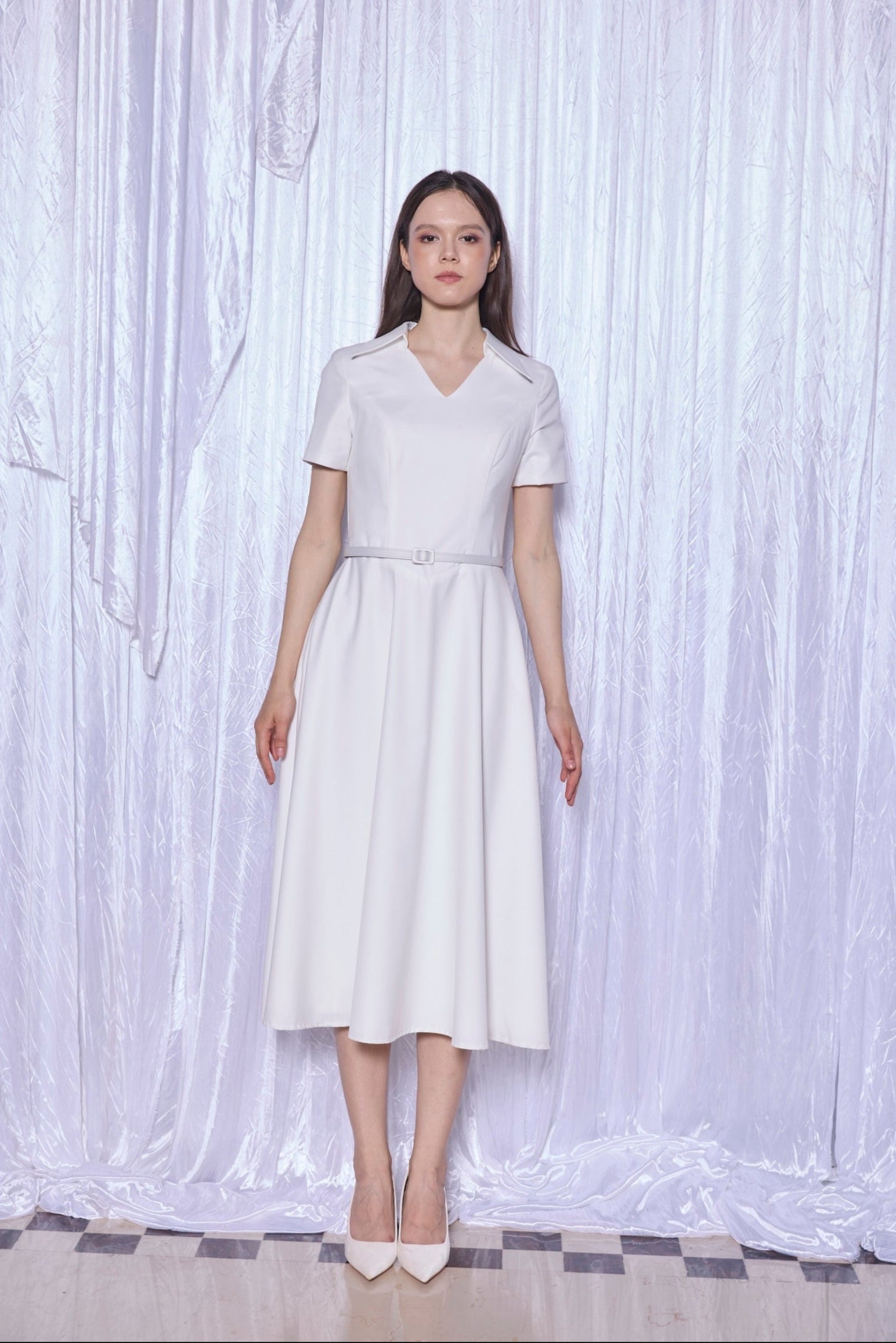 Tailored Shirt Collar Midi Dress in Pearl White