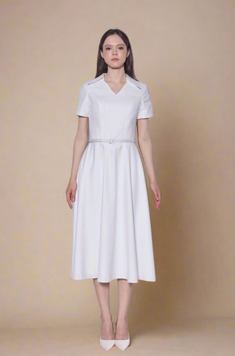Tailored Shirt Collar Midi Dress in Pearl White