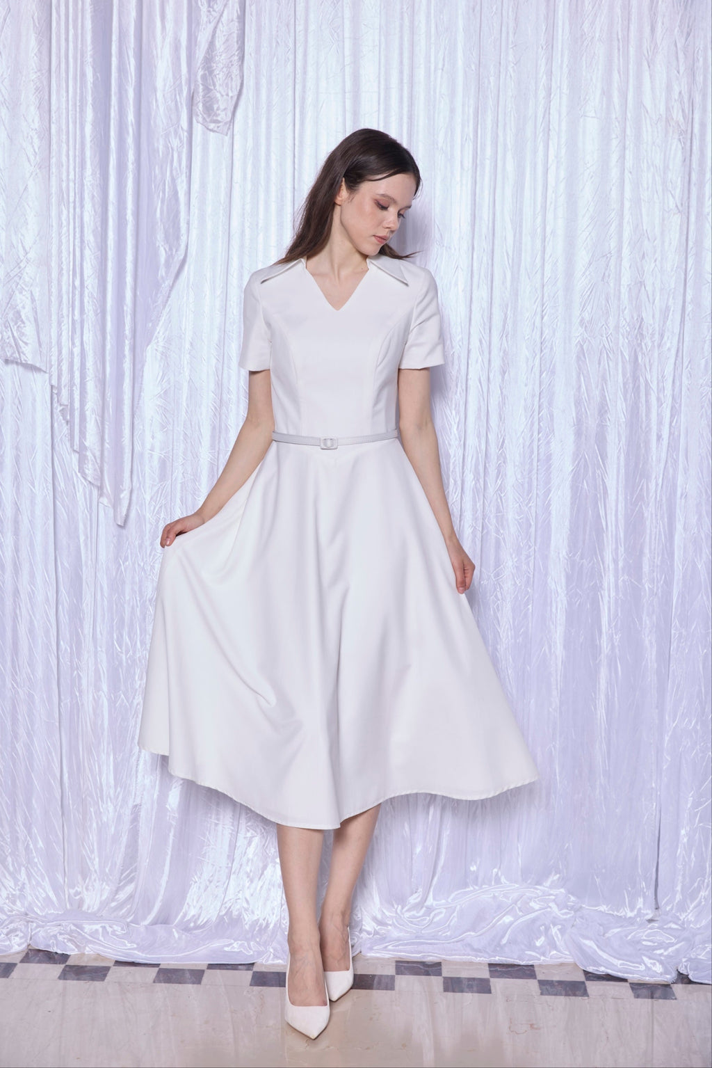 Tailored Shirt Collar Midi Dress in Pearl White